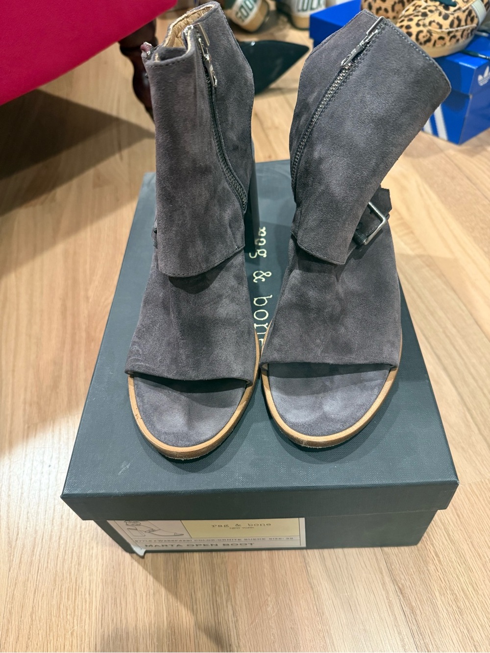 rag & bone Charcoal Suede Open-Toe Zip Ankle Booties